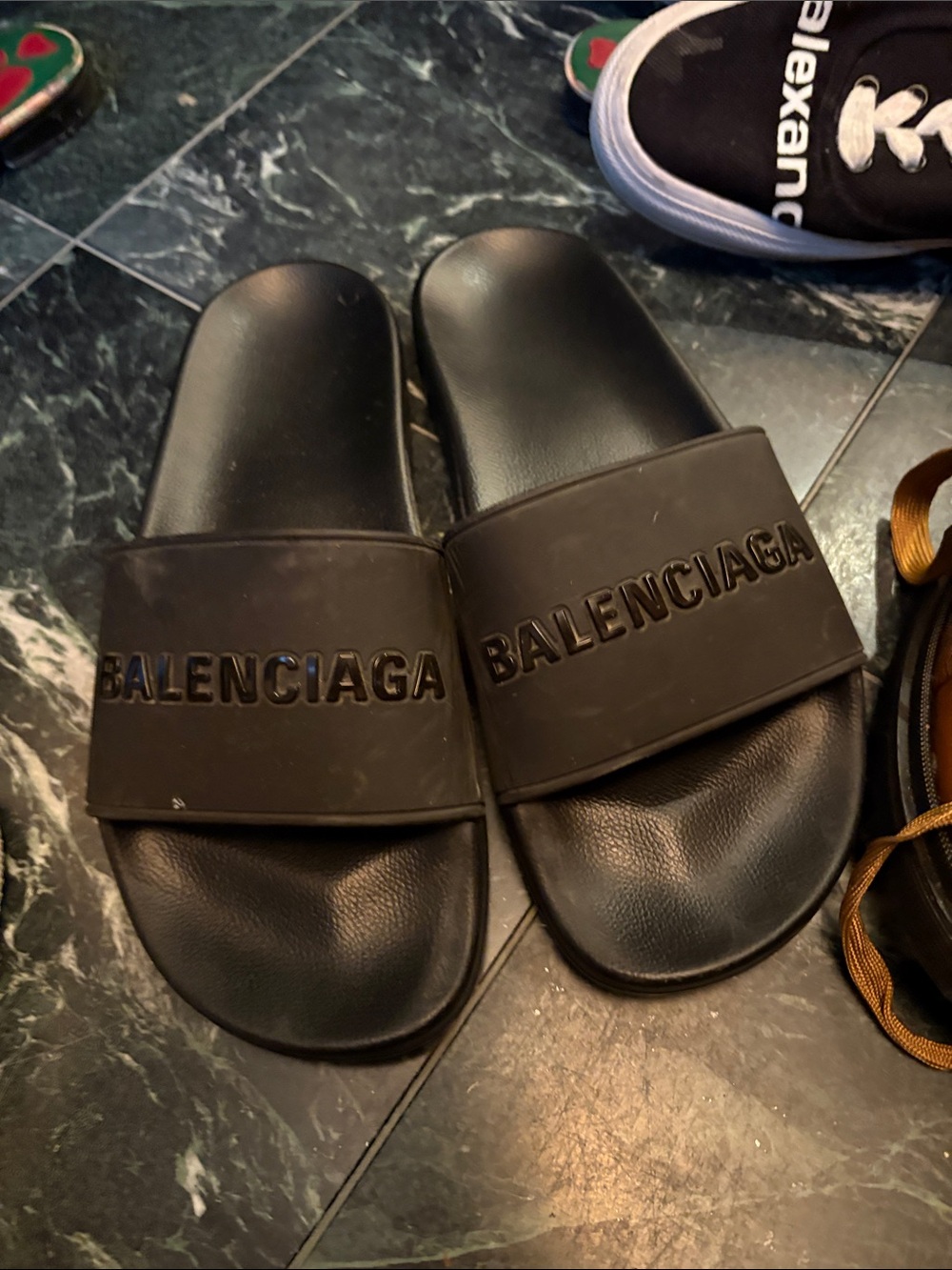 Balenciaga Black Logo Slide Sandals with Embossed Strap